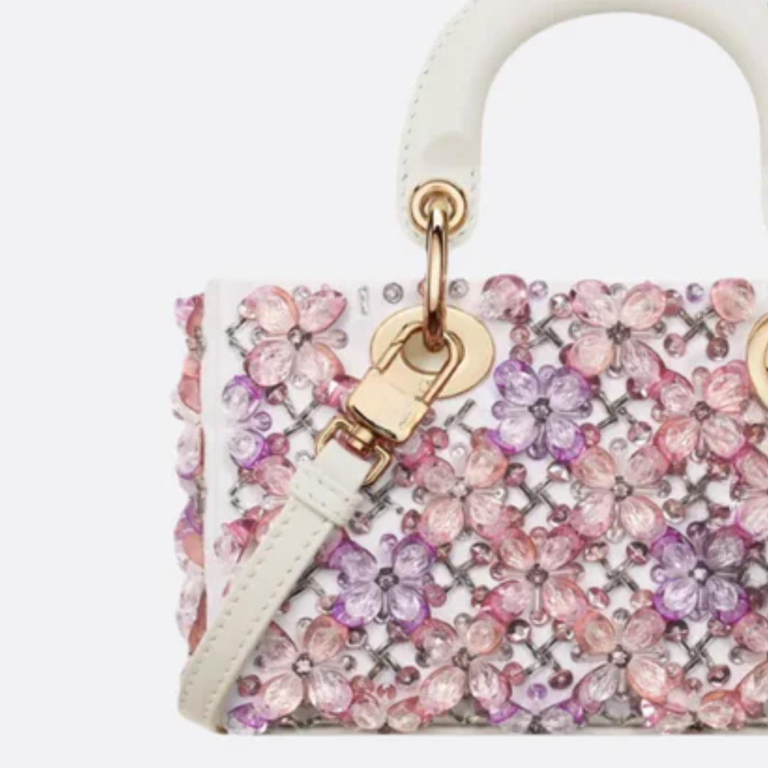 Bag Lady Dj Micro – White Calfskin w/ Pink Floral Emb & Strass