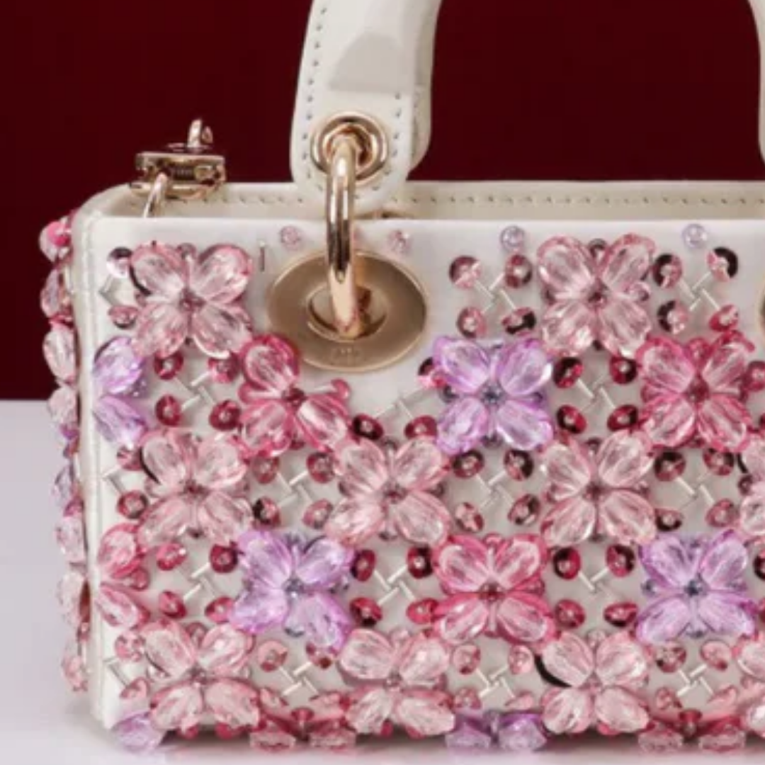 Bag Lady Dj Micro – White Calfskin w/ Pink Floral Emb & Strass