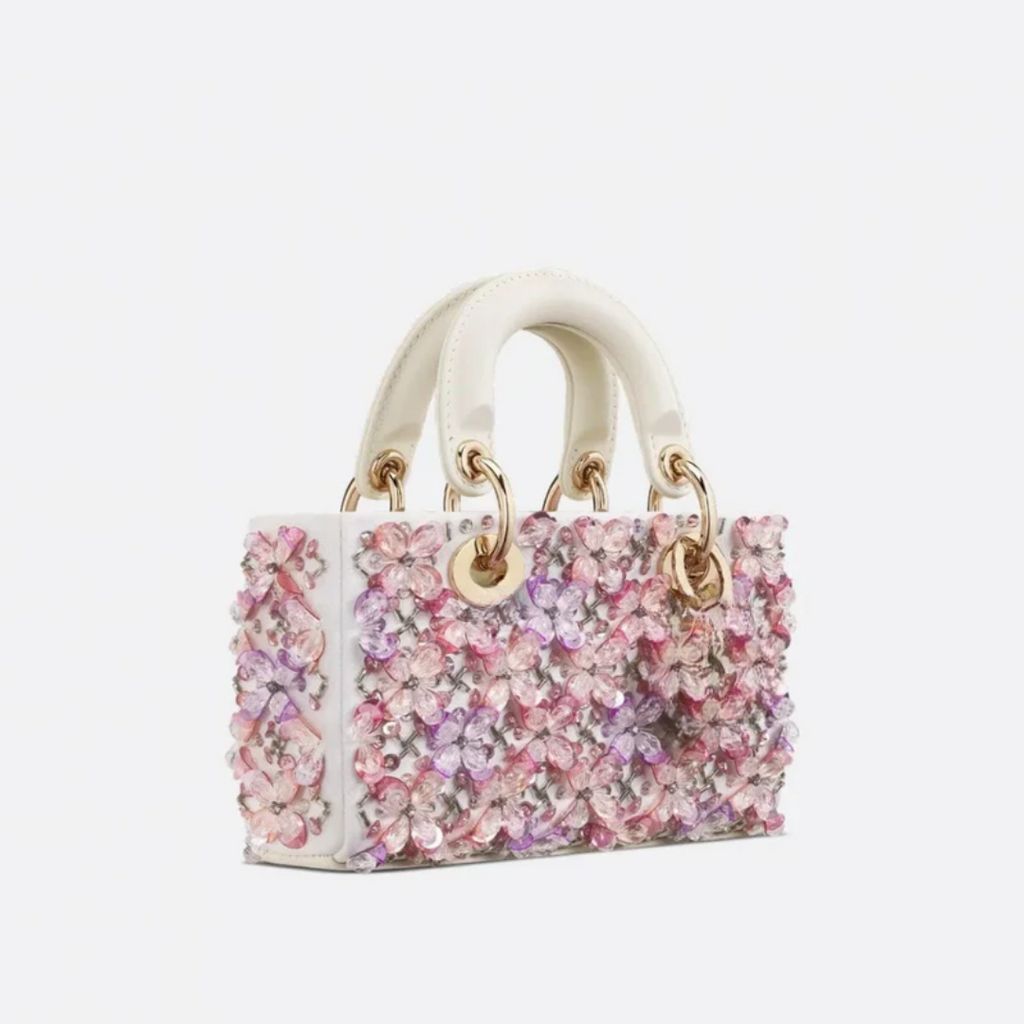 Bag Lady Dj Micro – White Calfskin w/ Pink Floral Emb & Strass