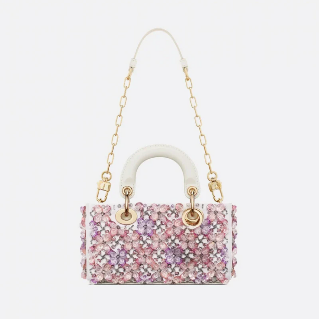 Bag Lady Dj Micro – White Calfskin w/ Pink Floral Emb & Strass