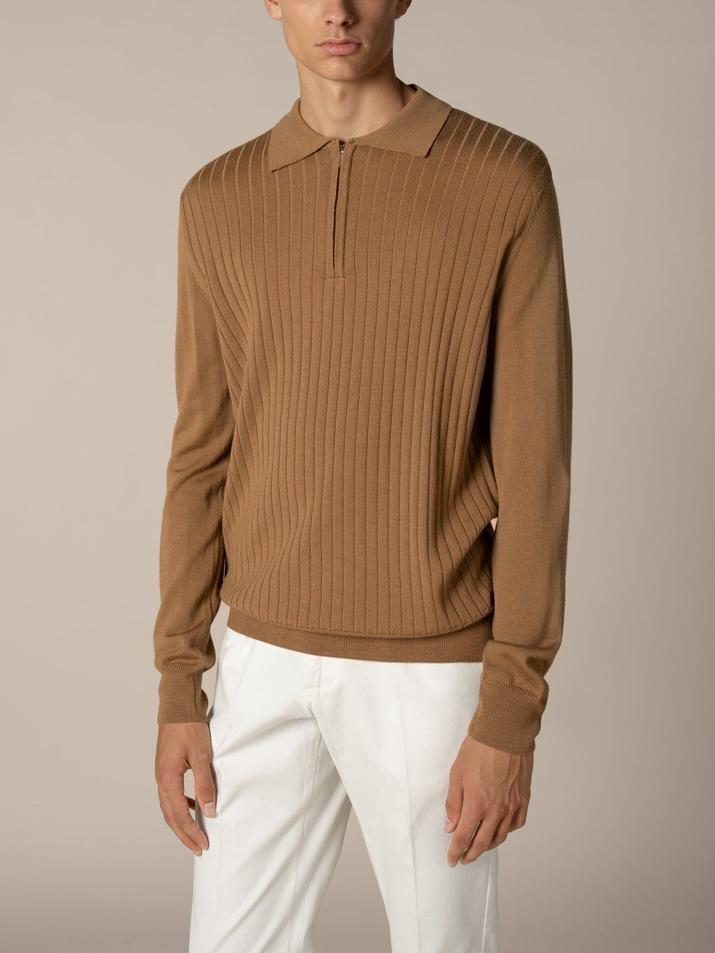 Ribbed Zipper Polo Caramel