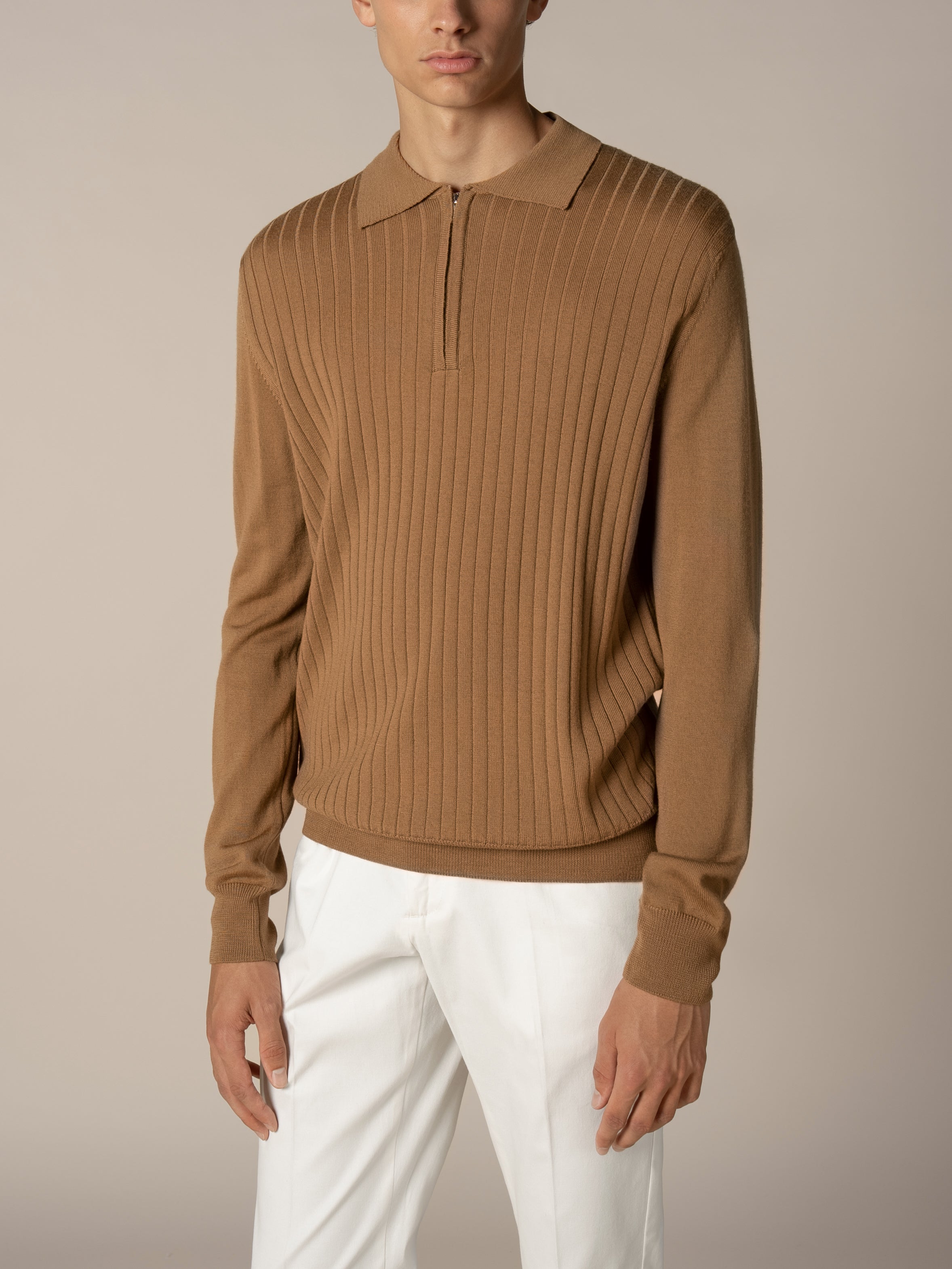 Ribbed Zipper Polo Caramel